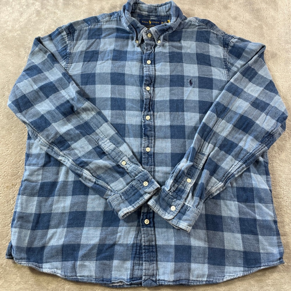 Ralph Lauren Flannel Shirt Indigo Men XXL Blue Plaid Untucked Classic Fit Button